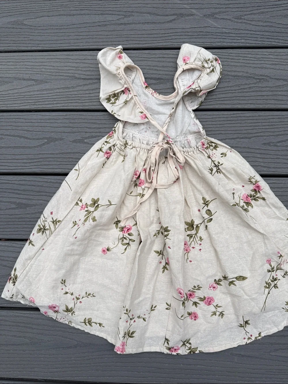 Girls Floral Puff-Sleeve Dress in Ivory and Pink